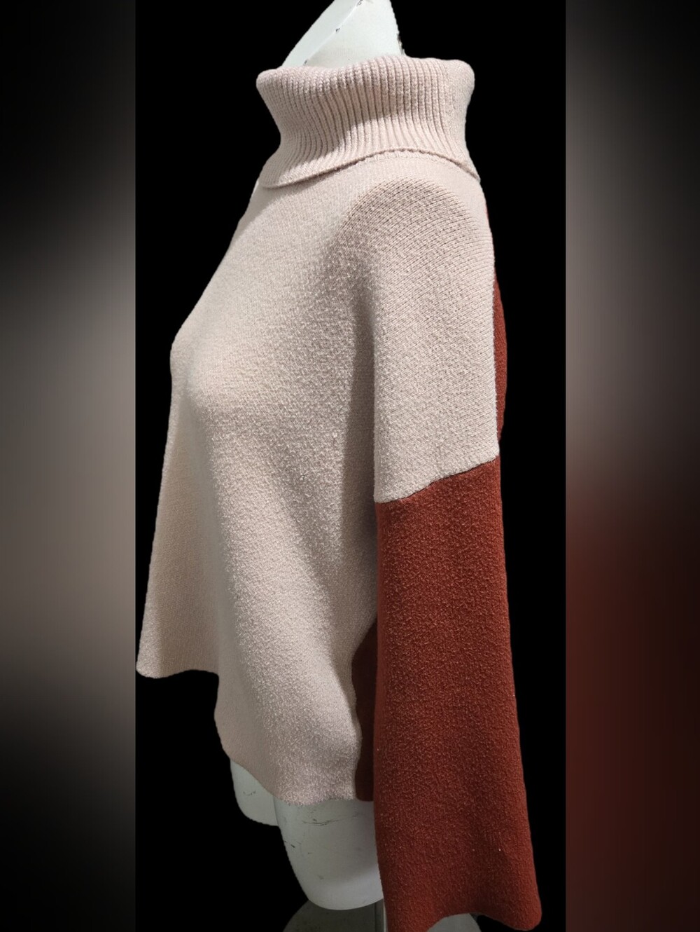 MOD On Trend Colorblock Turtleneck Sweater Rust Brown Cream M
